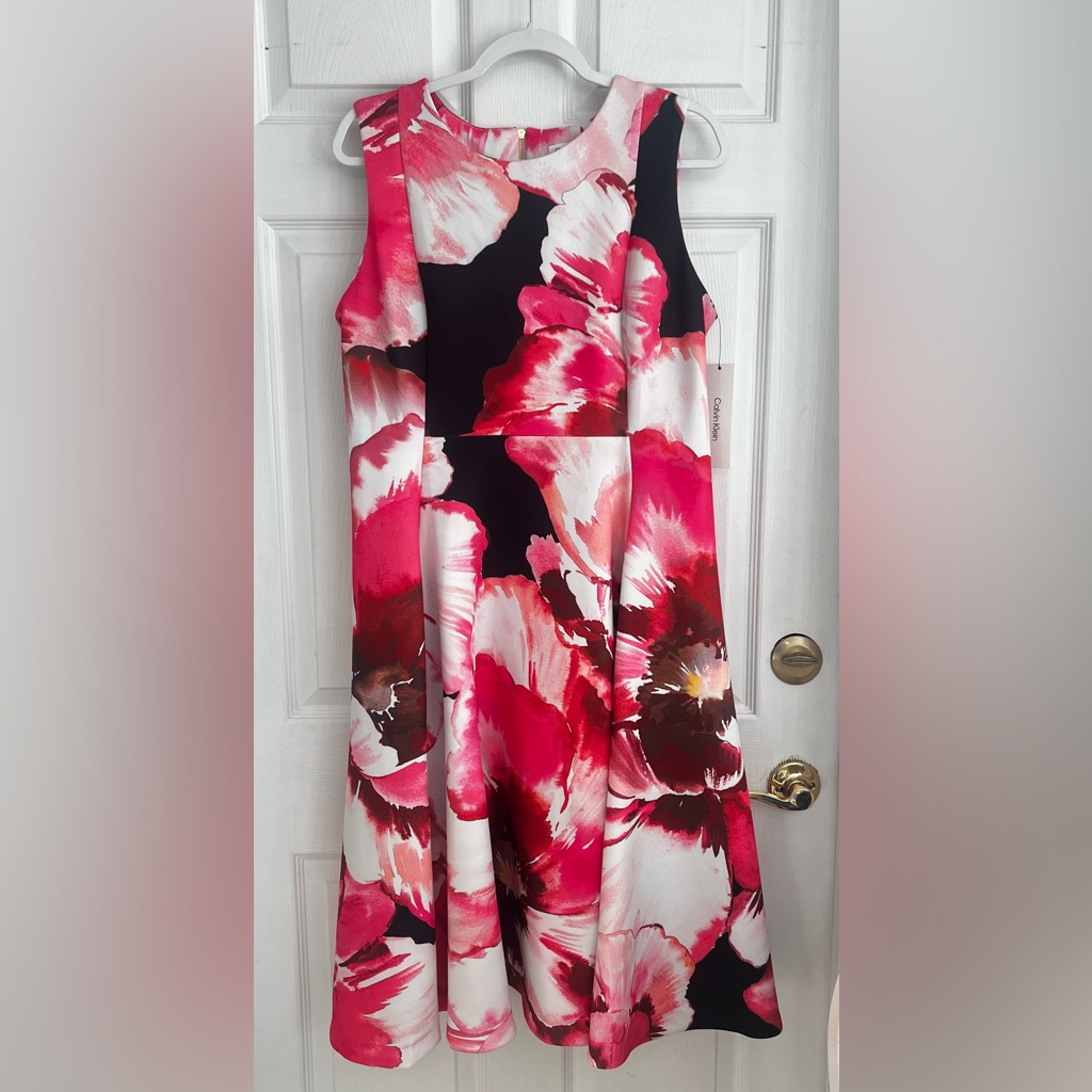 New Calvin Klein Size 14 Midi Dress Scuba Floral Pink Black